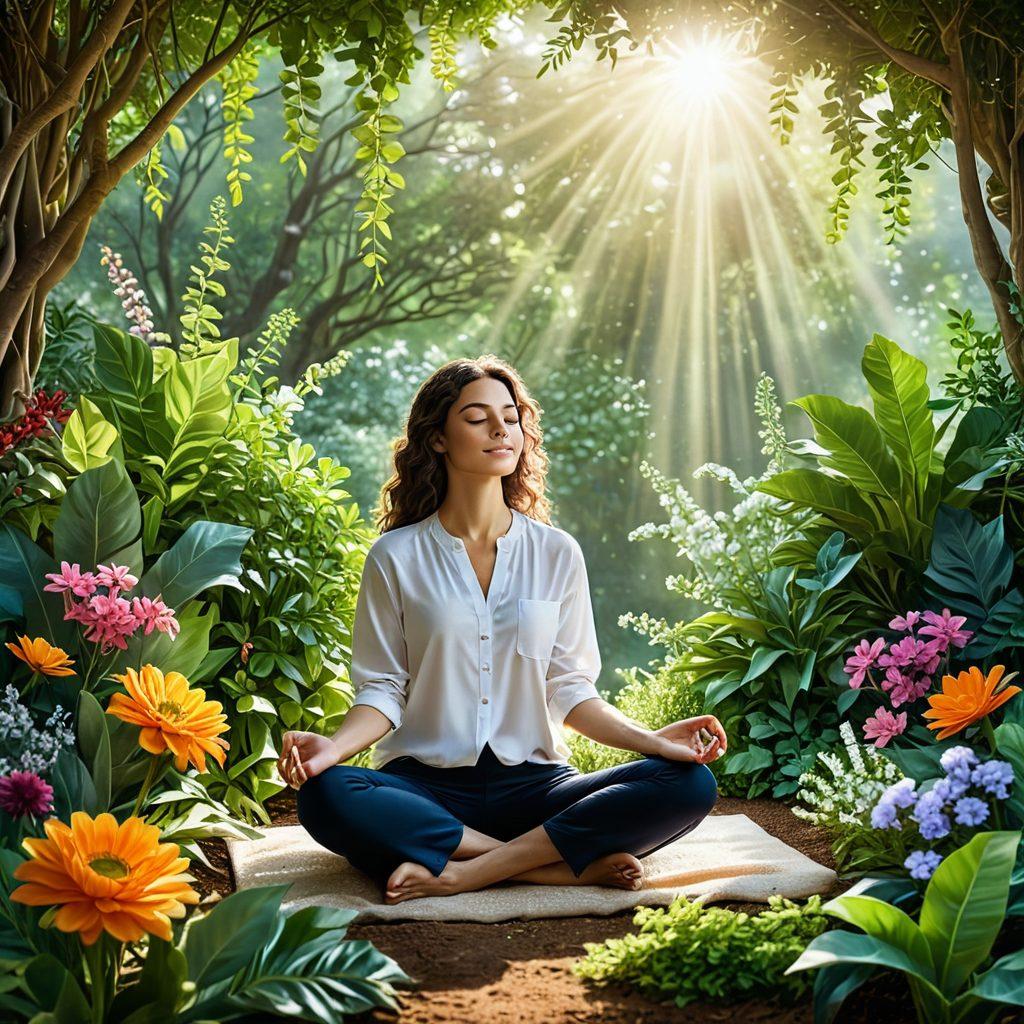 A serene scene depicting a meditative person surrounded by lush greenery and colorful flowers, radiating warmth and self-love. Gentle rays of sunlight filtering through the leaves, casting soft shadows and creating a feeling of peace and tranquility. Include elements symbolizing holistic wellbeing, like crystals, essential oils, and soothing nature sounds. The person should exude a sense of joy and connection with themselves. super-realistic. vibrant colors. peaceful atmosphere.