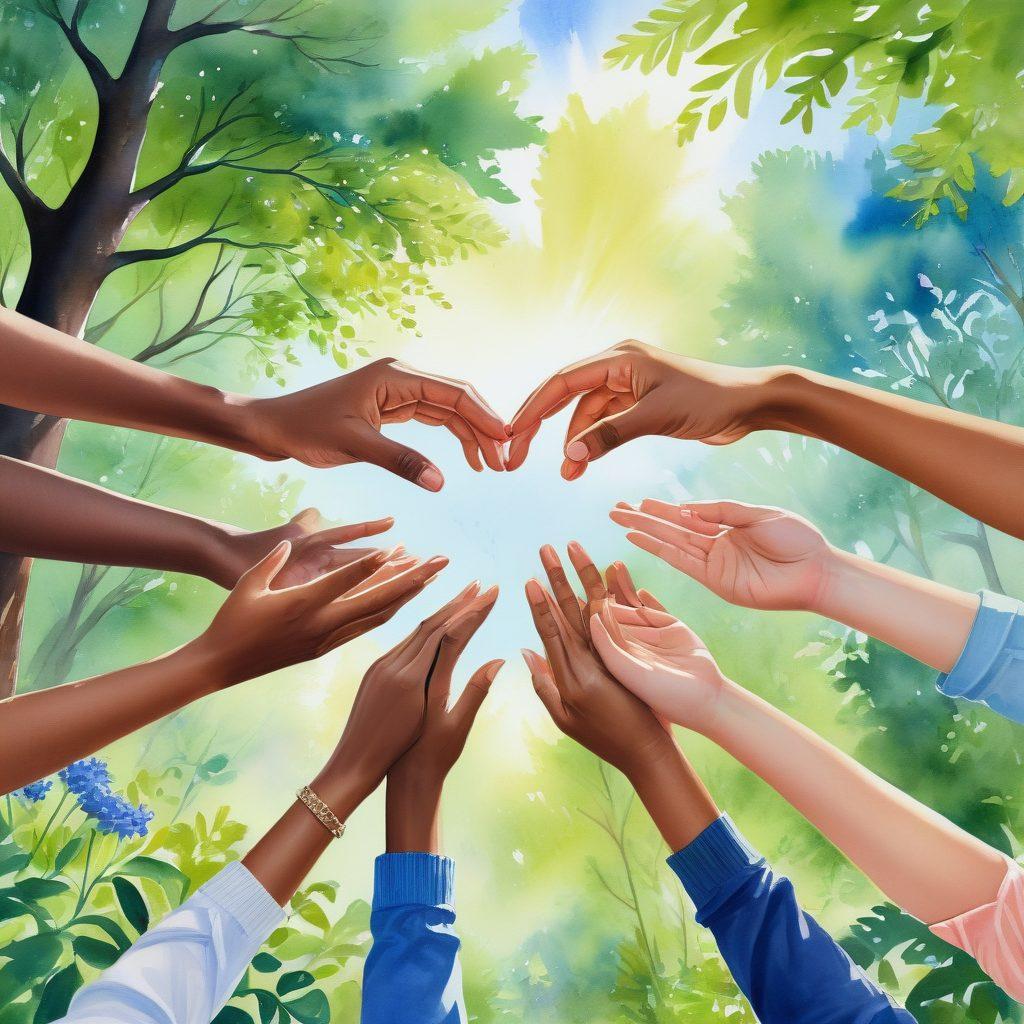 A serene scene depicting a diverse group of people engaged in various acts of kindness and support, symbolizing love and wellness. In the background, a lush green park under a bright blue sky, with sunlight filtering through trees. Close-ups of hands holding hearts and flowers, representing nurturing relationships. Soft, warm colors to evoke a feeling of happiness and connection. watercolor style. vibrant colors.