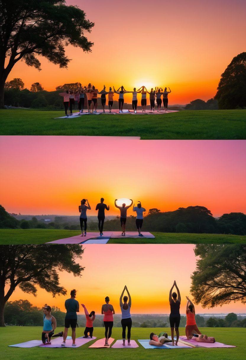 A montage of diverse individuals engaged in various fitness activities, showcasing a supportive community: friends running together, a coach encouraging a trainee, and groups practicing yoga in a park. The background features a vibrant sunset, symbolizing positivity and growth. The atmosphere is filled with enthusiasm and connection, emphasizing the importance of relationships in fitness. super-realistic. vibrant colors. warm tones.